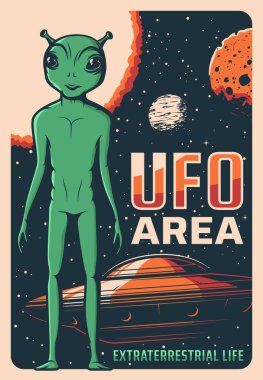 Uzaylı, UFO ve uzay gemisi, yeşil derili ve kocaman gözlü dünya dışı varlıkların vektör posteri. Uzay mekiği, uzay mekiği, yıldızlar ve gezegenler, yıldızlı gökyüzünde uçan daire.