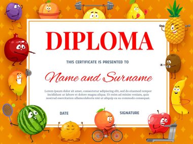 Çocuk diploması ya da tropik meyve çizgi film karakterleri sertifikası. Mutlu meyveler spor yapıyor, ağırlık kaldırıyor, tenis oynuyor ve bisiklet sürüyor. Çocuklar spor müsabakası birincisi diploması
