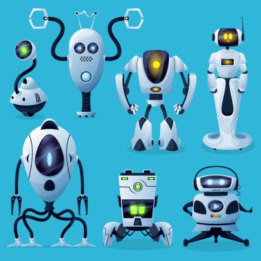 Uzaylı robotlar, gelecekteki droidler ve robot yaşam formları karakterleri. İnsanımsı elleri ve bacakları, pençeleri ve dokunaçları olan Androidler, yapay zekayla çalışan ev asistanı, uzaylı fantezi cyborg ya da drone vektörü