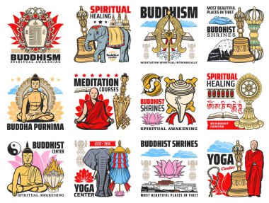 Budizm dini simgeleri, Buda meditasyonu ve Budist Zen sembolleri, vektör. Budizm manevi meditasyonu ve Dharma çarkının yoga merkezi işareti, Yin Yang ve Tibet keşiş tapınağı, stupa türbeleri ve lotus.