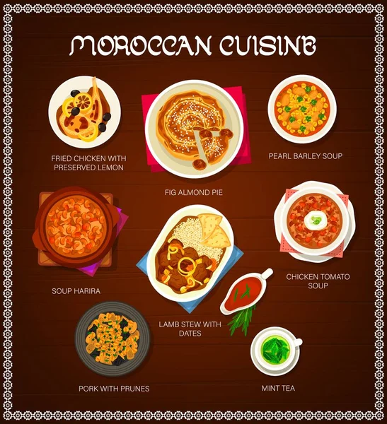 Modèle Menu Restaurant Cuisine Marocaine Porc Aux Pruneaux Ragoût Agneau — Image vectorielle