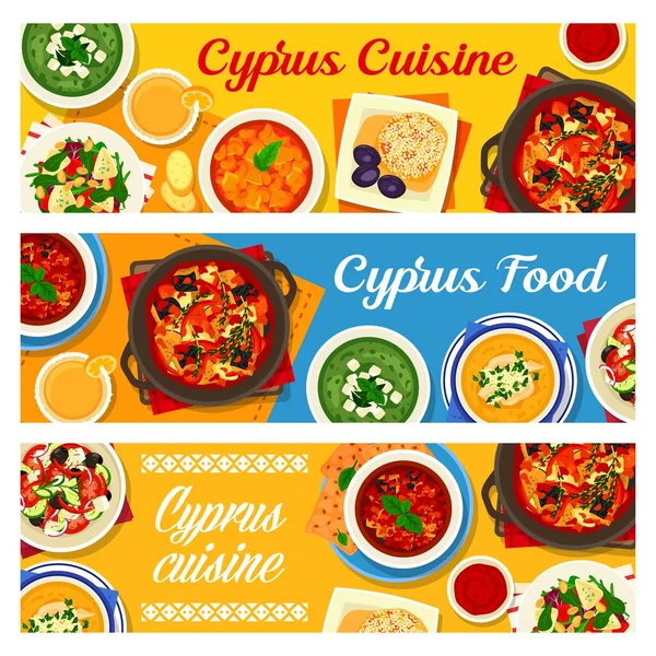 Cyprus Cuisine Vector Baked Eggplant Salad Cucumber Cream Soup Feta — Stock Vector