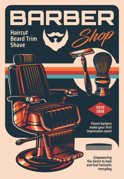 Barbier Vecteur Affiche Vintage Avec Fauteuil Équipement Classique Brosse Raser — Image vectorielle