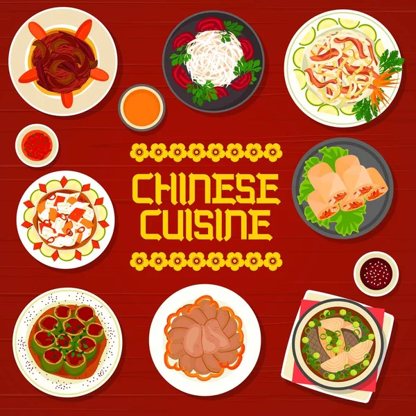 Kinesiska Köket Restaurang Vektor Affisch Med Asiatiska Maträtter Köttrisnudlar Skaldjursvårrullar — Stock vektor