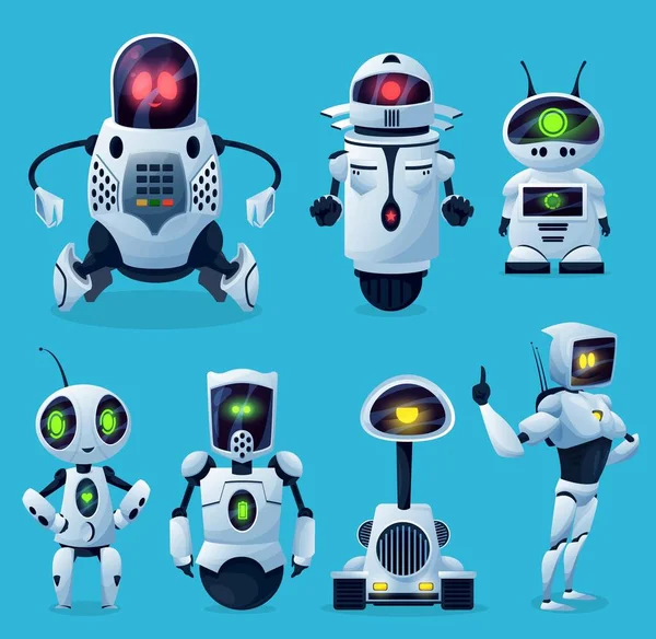 Roboter Zeichentrick Chatbots Und Bots Vektor Spielzeugfiguren Android Roboter Und — Stockvektor