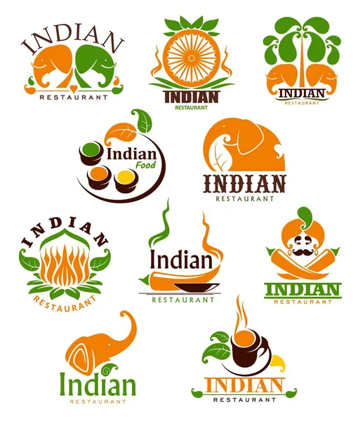 印度餐馆矢量图标 漫画符号与传统的印度符号 调味品和带有棕榈树的大象以及带有蒸汽浴杯隔离标签的百合花 — 图库矢量图片