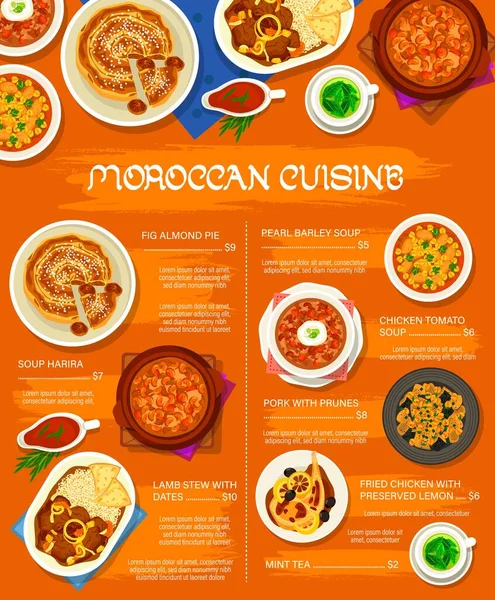 Die Speisekarte Der Marokkanischen Küche Umfasst Mahlzeiten Gebratenes Huhn Mit — Stockvektor