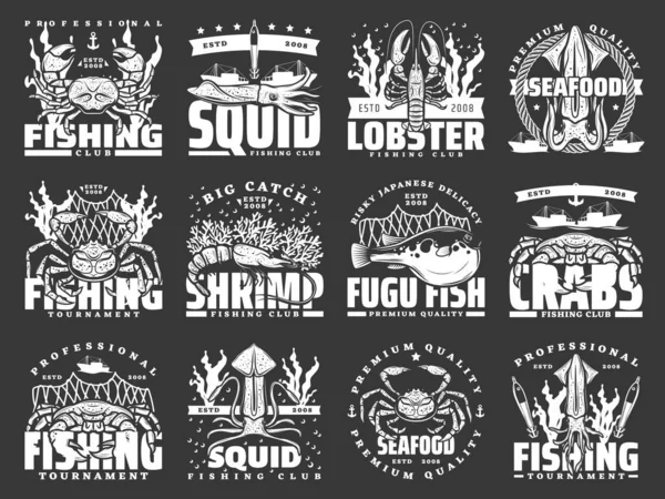 Rybołówstwo Morskie Odizolowane Ikony Wektorowe Turniej Połowów Owoców Morza Etykiety — Wektor stockowy