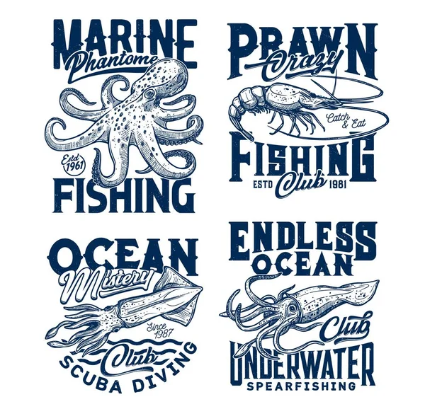 Shirt Prints Mit Unterwassertieren Skizzieren Tintenfische Tintenfische Garnelen Kraken Tauch — Stockvektor