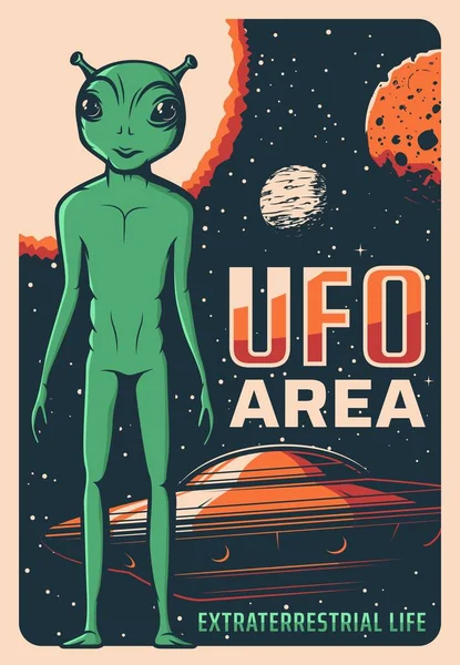 Plakat Retro Obcych Ufo Statek Kosmiczny Wektor Pozaziemski Przybysz Zieloną — Wektor stockowy