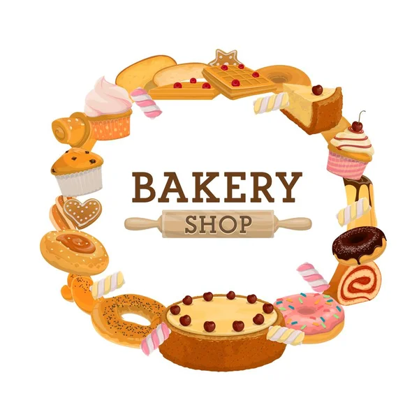 Sütőipari Péksütemény Kerek Banner Cseresznye Torta Sütemény Muffin Croissant Gofri — Stock Vector