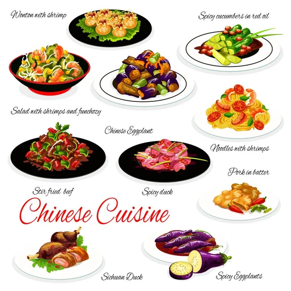 Čínská Kuchyně Jídlo Vektorové Pokrmy Asijských Nudlí Mořskými Plody Zeleninou — Stockový vektor