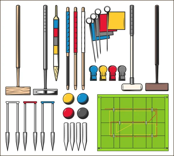 สนามก Croquet เกมและอ ปกรณ างสรรพส าไม และล กบอล ดกลาง เสาประต — ภาพเวกเตอร์สต็อก