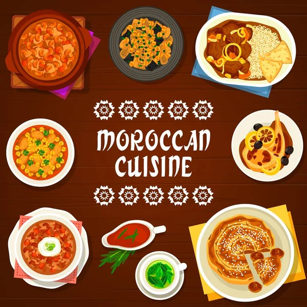 Marockanska Köket Restaurang Mat Affisch Harira Pärlkorn Och Kycklingtomatsoppa Lammstuvning — Stock vektor
