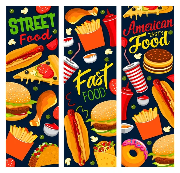 Street Food Vector Banners Πίτσα Burger Τηγανητές Πατάτες Και Τάκος — Διανυσματικό Αρχείο
