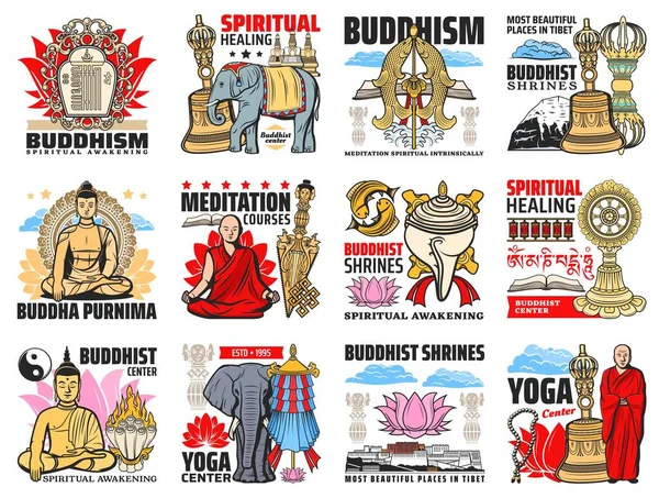 Boeddhisme Religie Iconen Boeddha Meditatie Boeddhistische Zen Symbolen Vector Boeddhisme — Stockvector