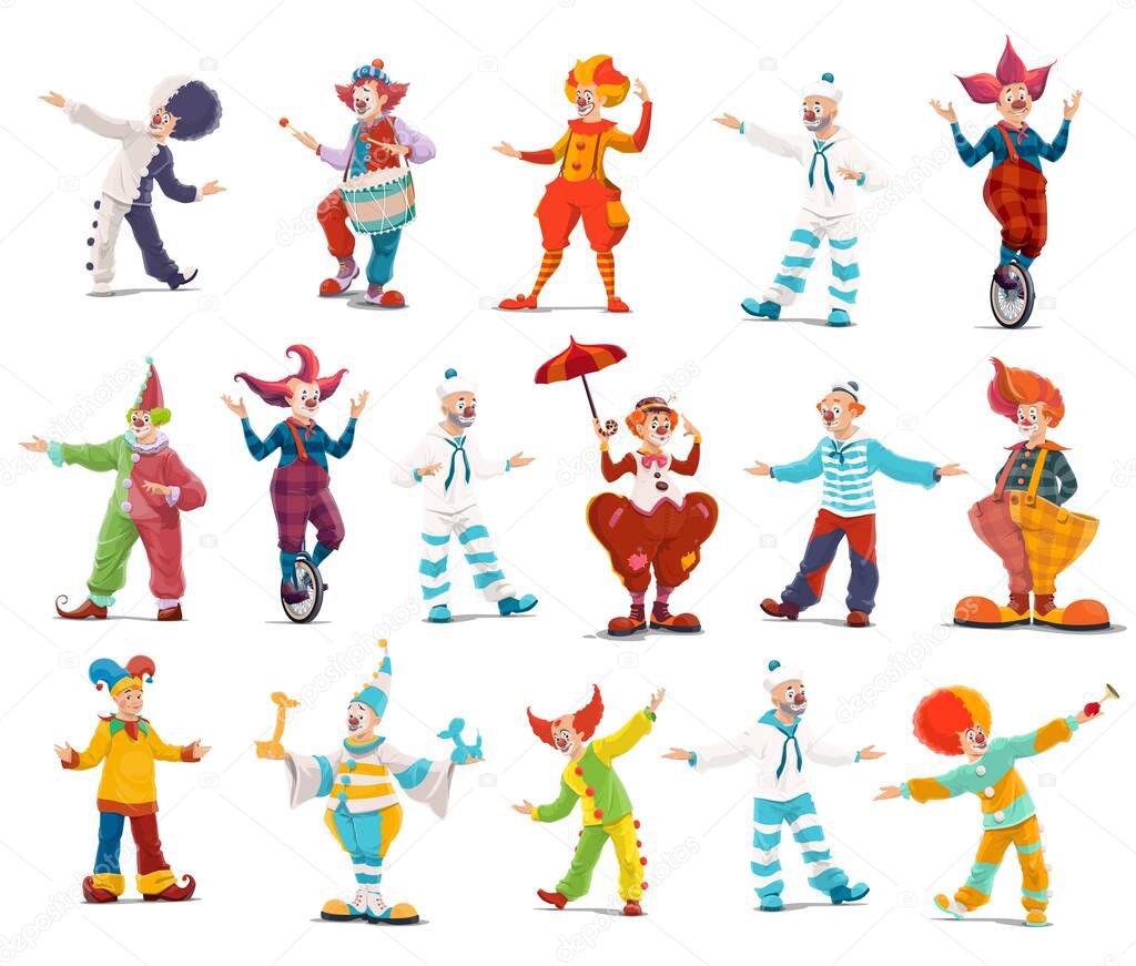 Circus clowns, cartoon vector big top characters. Jester performers, shapito circus show entertainers in funny costume, wig, makeup and red nose. Stage comedians, smiling jokers isolated icons set