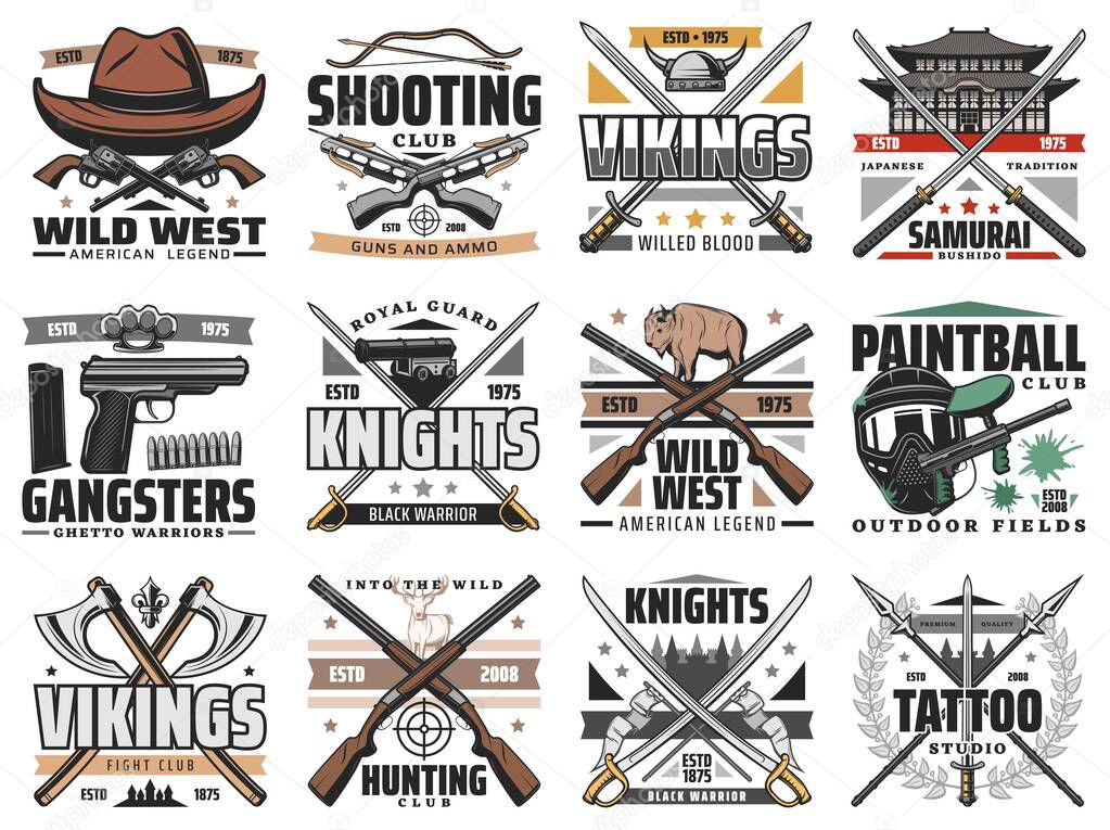 Guns and swords weapon retro icons. Shooting, hunting and paintball club, gangsters and vikings cold and firearm weapon, wild west, japan bushido and knight sword, tattoo studio vector emblems