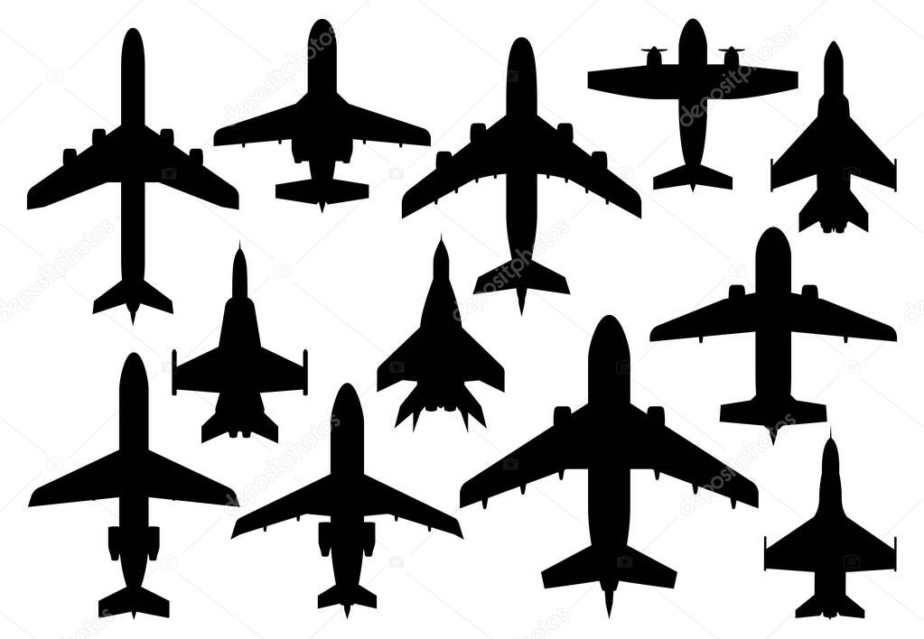 Civil passenger and military combat airplanes silhouettes. Airline modern airliner, private business jet and army air forces fighters or bombers, propeller cargo aircraft vector. Aviation aircraft