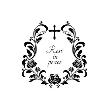 Rest in peace grief with crucifix cross, floral ornament with flowers and leaves isolated funeral lettering. Vector condolence message on gravestone, obituary memorial border frame, text on tombstone clipart