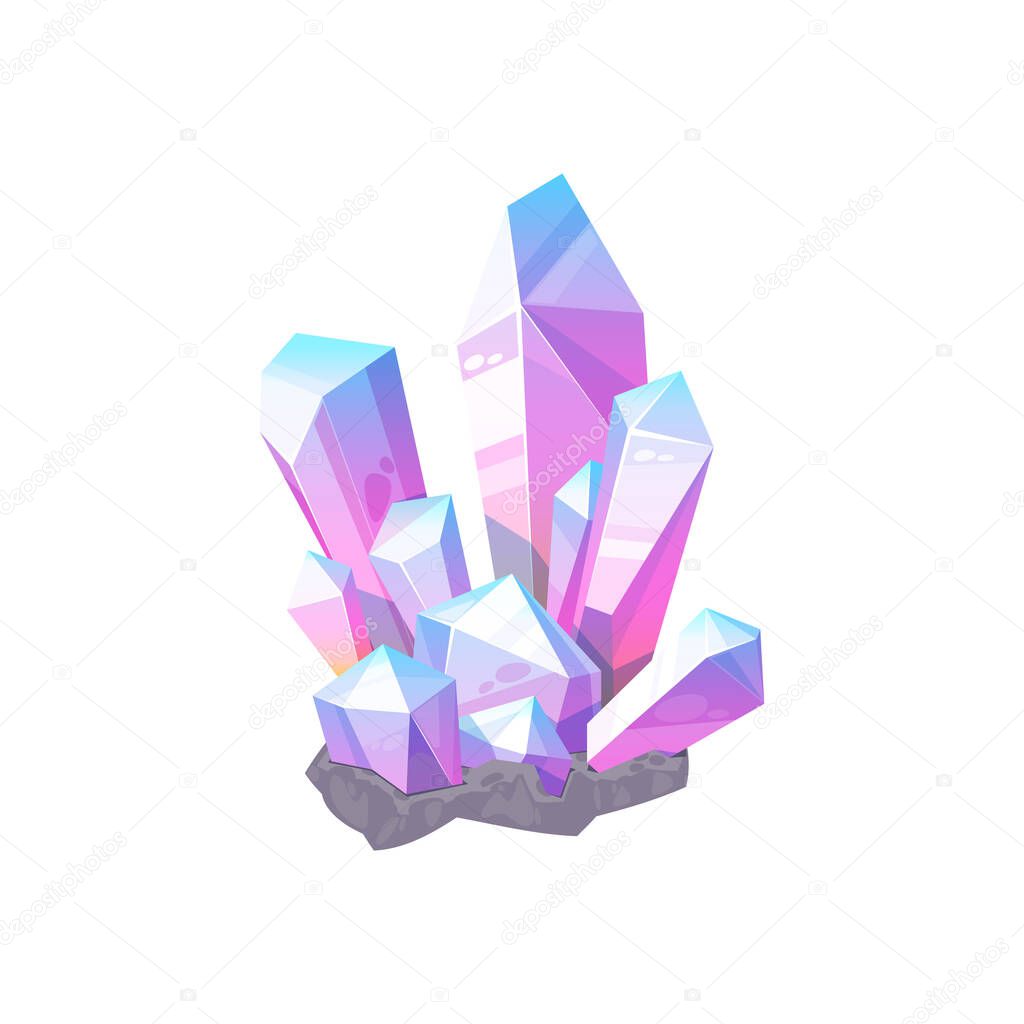 Purple gem stone isolated natural crystal icon. Vector violet amethyst or quartz, elegant mauve agate, lilac glittering mineral. Precious diamond crystal, jewelry decoration, sapphire carat gemstone