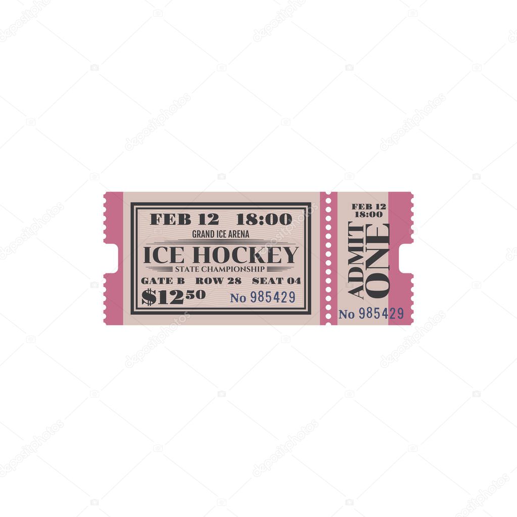 Ice-hockey championship invitation, state tournament championship admit one card. Vector full ticket on ice arena, price, date and gate, seat mention. Paper ticket admission on ice hockey game