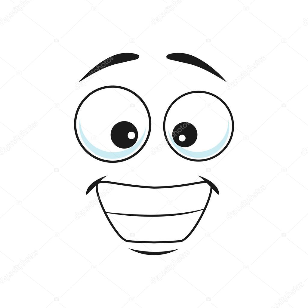 Cartoon face isolated vector icon, wide delighted smile facial emoji, happy funny creature, happy human emotion, comic face with toothy smiling mouth and round eyes