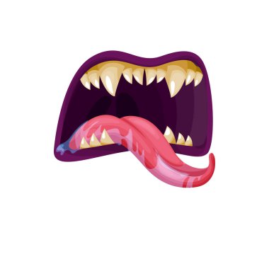 Vampire or monster mouth with fangs vector icon. Open scary jaws with long pointed teeth and gooey saliva dripping from tongue. Cartoon maw roar or yell isolated on white background clipart