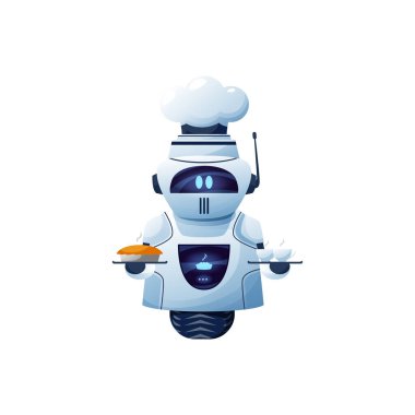 Çizgi film robotu şefi, vektör cyborg karakter fırın ve bir bardak içecekle birlikte servis tepsisinde. Yapay zeka teknolojisi, dijital ışıltılı yüzü ve yiyecek sembolü olan dost canlısı robot.
