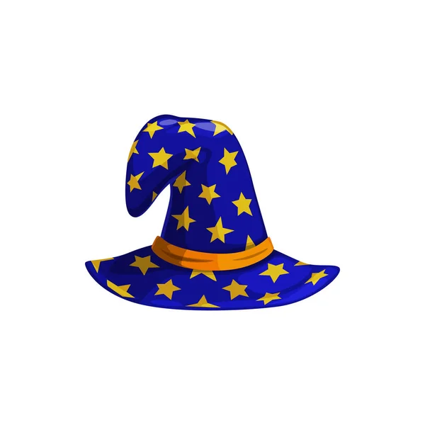 漫画占星術師や魔女の帽子ベクトルアイコン 黄色の星と夫と青の魔術師のヘッドウェア ハロウィーンの衣装 白い背景に隔離されたウィザードキャップ — ストックベクタ