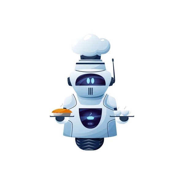 漫画ロボットシェフ ベーカリーやドリンクのカップとトークホールドトレイのベクトルサイボーグ文字 人工知能技術 デジタルグローの顔とディスプレイ上の食品のシンボルとホイールに優しいボット — ストックベクタ