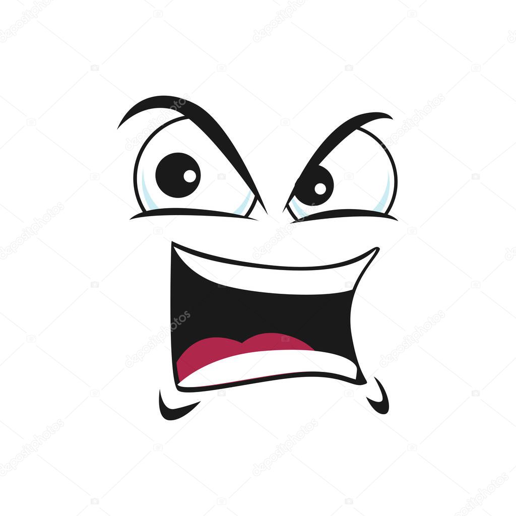 Cartoon face vector icon, gloat emoji with angry eyes and laughing toothy mouth. Negative facial expression, funny feelings isolated on white background