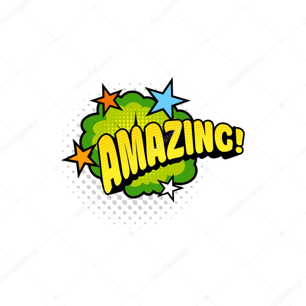 Amazing comics bubble isolated vector icon. Cartoon pop art green cloud with stars. Retro sound blast explosion with halftone pattern and typography, exclamation boom bang half tone sign