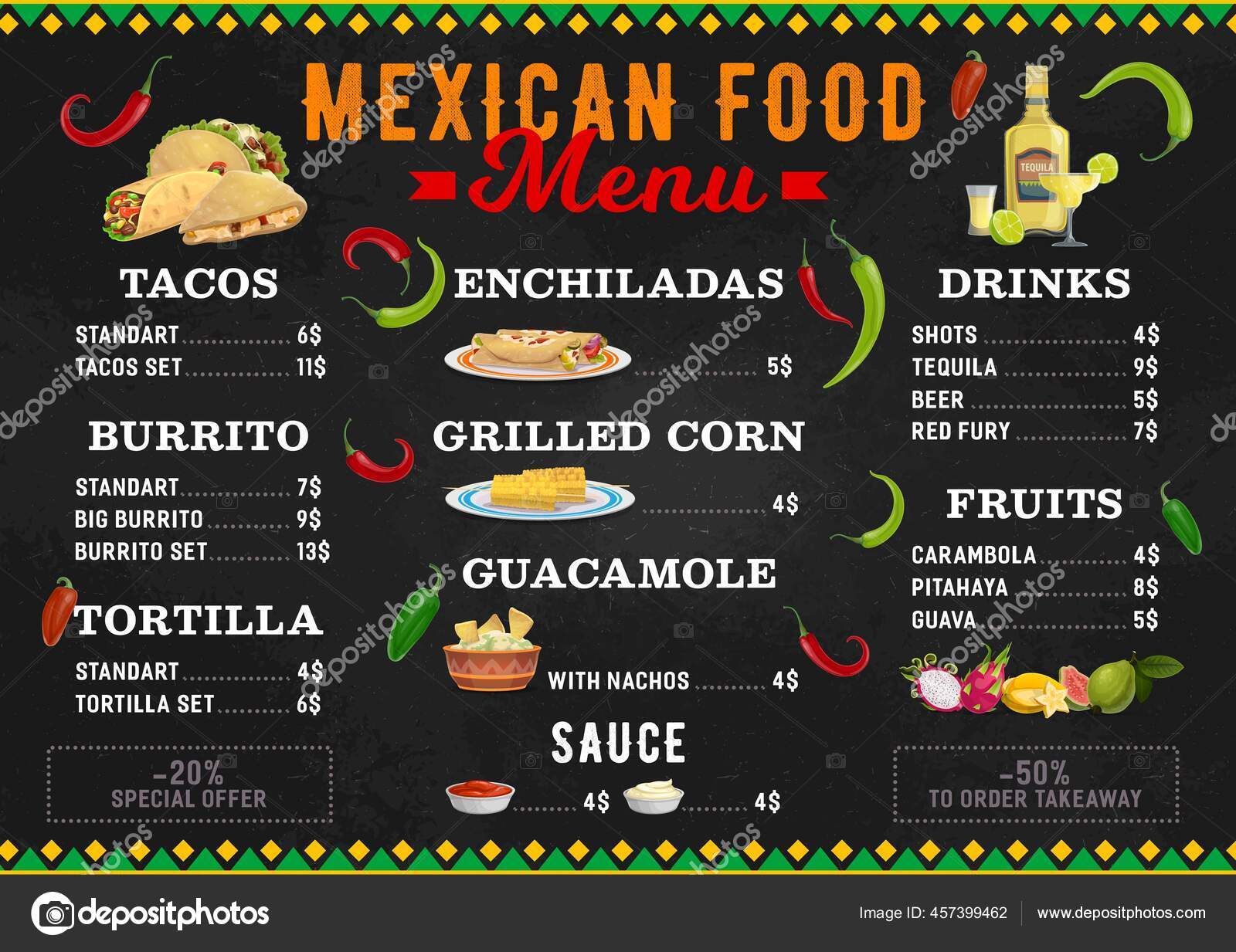 Menú Comida Mexicana Cocina Mexicana Burritos Tacos Platos Bar Vector