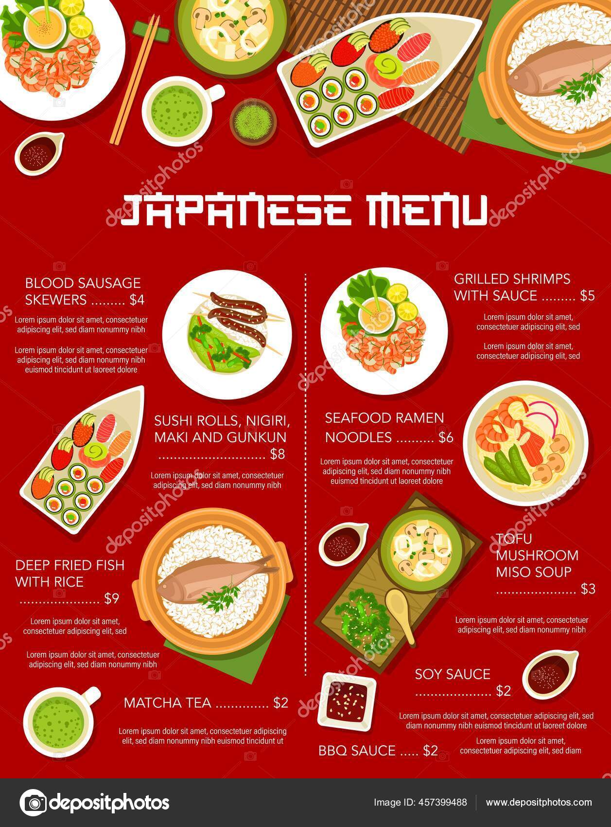 Japanese Food Cuisine Japan Menu Noodles Ramen Sushi Vector Restaurant