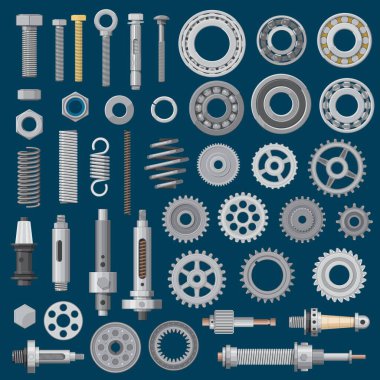 Sürgüler, vidalar ve fındık ikonları, inşaat çivileri, perçinler ve donanım aletleri, vektör. Metal mekanik parçalar ve daha dayanıklı ekipmanlar, sondaj başlıkları ve mekanik çelik makaralar, iş ve onarım dişlileri ve dişliler
