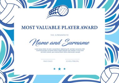 Voleybol için en değerli oyuncu ödülü sertifikası, turnuvaya katılım diploması vektör şablonu. Top ile spor kulübü başarı sınır tasarımı. Okul ligi ya da plaj voleybolu yarışması