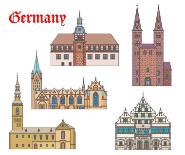 Almanya Westphalia 'daki tarihi yapılar, Alman kiliseleri ve katedralleri, vektör. Hoexter 'deki St Kilian kirche, Padeborn' daki Rathaus ve Katedral dom, Soest 'teki Peterkirche Kilisesi