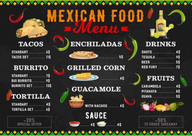 Meksika yemeği menüsü, Meksika usulü burrito ve tako bar yemekleri, vektör. Meksika mutfağı, kafe ve restoran yemekleri, aperatifler ve içecekler, enchilada ve avokado soslu tortilla ve nachos