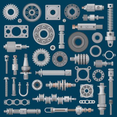 Makine parçaları simgeleri, makine motor mekanizmaları ve dişliler, vektör endüstrisi ekipmanları. Fabrika mekanik parçaları ve aletleri, kaldıraç ve dişli tekerlek, mekanik aletler, inşaat metal şaftları ve contalar