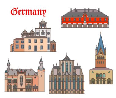 Alman tarihi binaları ve Aachen katedralleri, Alman seyahat mimarisi, vektör. Almanya St Kornelius kirche, Soest 'teki rathaus, Altenberg' deki Bergischer Dom katedrali ve St. Patrokli kilisesi.