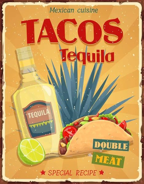 Cozinha Mexicana Tacos Tequila Vector Retro Poster Tacos Tequila Receita —  Vetores de Stock