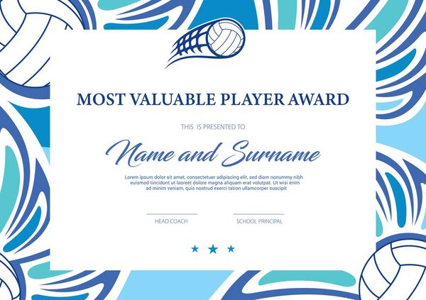 Certificate for volleyball most valuable player award, tournament participation diploma vector template. Sport club achievement border design with ball. School league or beach volleyball competition