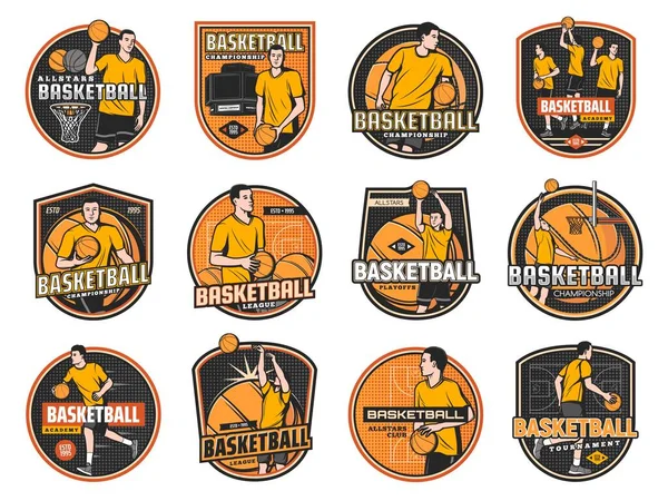 Baloncesto Deporte Juego Vector Iconos Campeonato Los Jugadores Lanzan Bolas — Archivo Imágenes Vectoriales