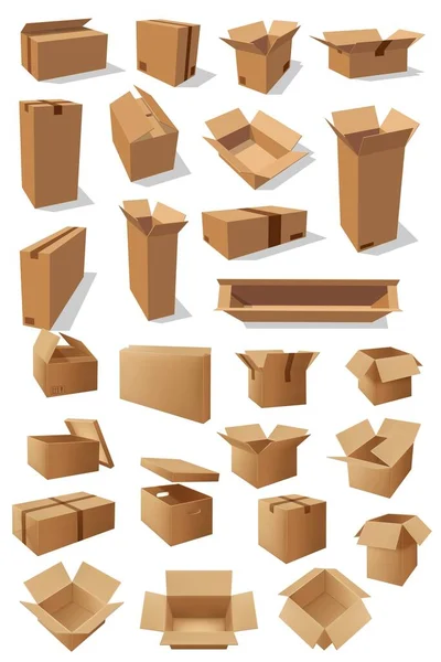 Kartons Vektorpakete Für Die Warenverpackung Isolierte Leere Transportkartons Schubladen Und — Stockvektor