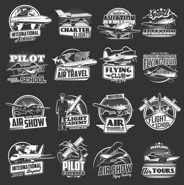 Aviation Vector Icons Vintage Modern Planes Flight School Pilot Courses — Stock Vector