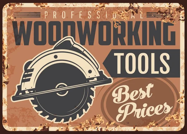 Holzverarbeitung Metallplatte Rostig Stichsäge Werkzeug Für Holzeinschlag Vektor Retro Poster — Stockvektor