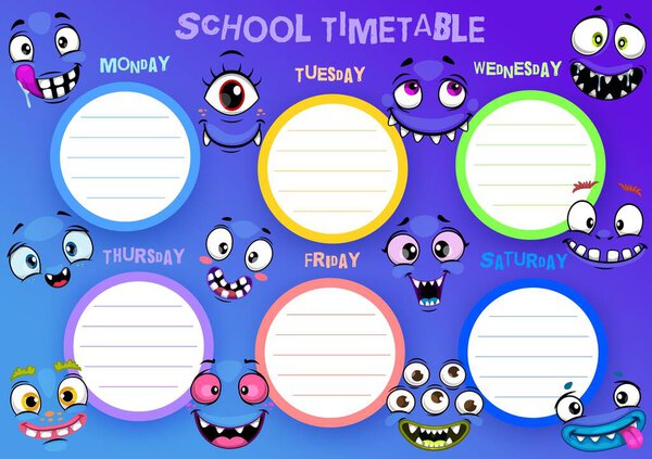 School timetable template, weekly classes vector schedule with funny smiling monster faces. Cartoon halloween spooky characters. School time table kids schedule design, educational lessons planner