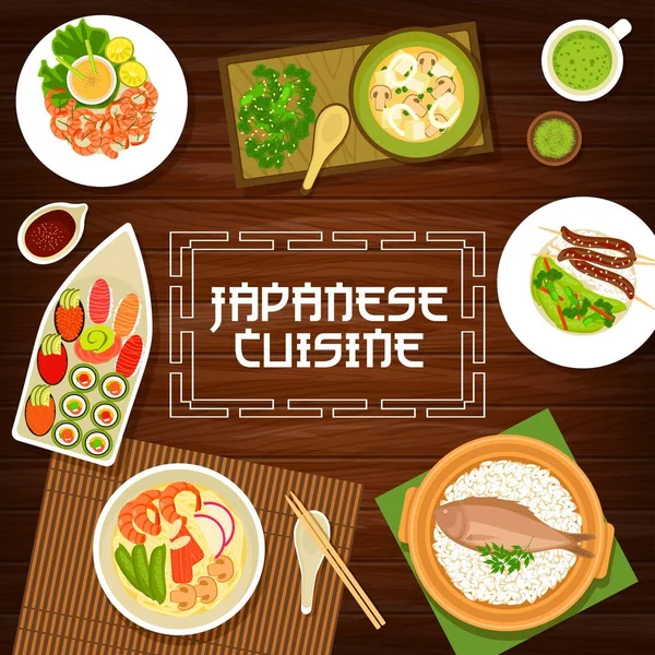 Comida Japonesa Menú Cocina Japonesa Fideos Ramen Sushi Platos Restaurante — Vector de stock