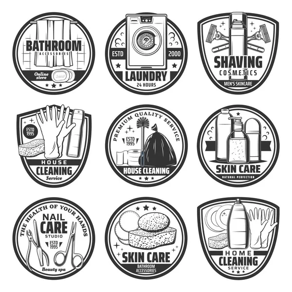 Washing Hygiene Home Cleaning Retro Icons House Cleaning Service Detergents — Stock Vector